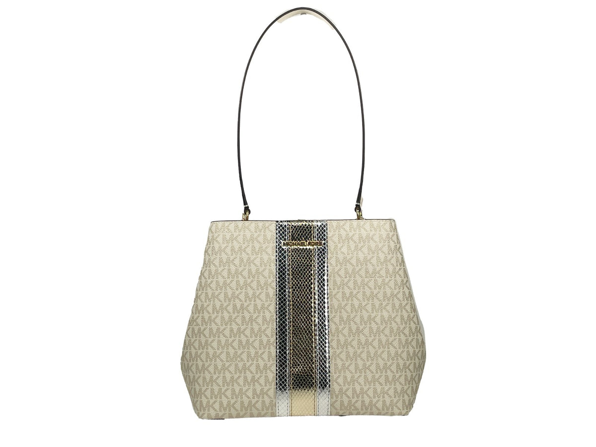 Michael Kors - Polished Logo Print Medium Bucket Shoulder Bag - Pale Gold Michael Kors