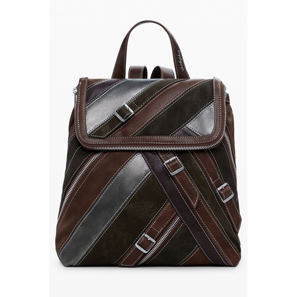 Desigual - Bold Patchwork Mini Backpack With Buckle Details - Brown Desigual